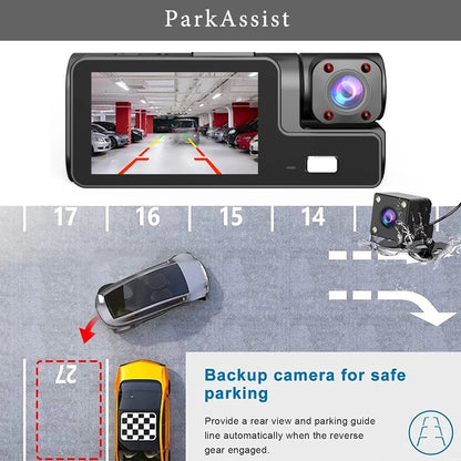 3-Way Dash Cam with Wi-Fi – Full HD Front/Inside/Rear Cameras, Night Vision, Loop Recording