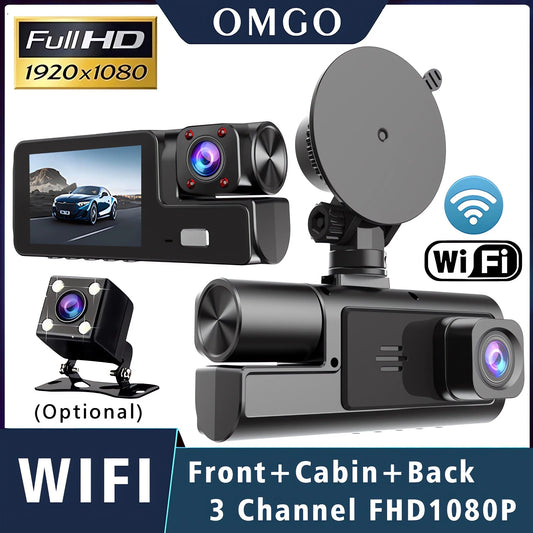 3-Way Dash Cam with Wi-Fi – Full HD Front/Inside/Rear Cameras, Night Vision, Loop Recording