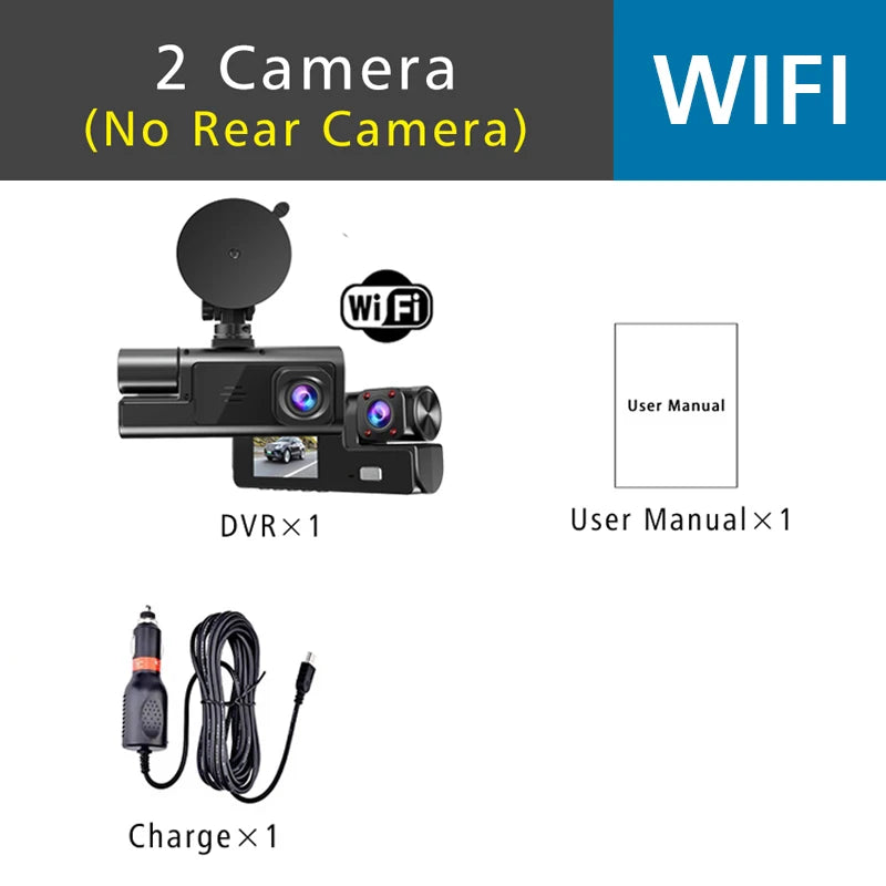 3-Way Dash Cam with Wi-Fi – Full HD Front/Inside/Rear Cameras, Night Vision, Loop Recording