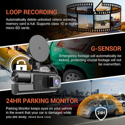 3-Way Dash Cam with Wi-Fi – Full HD Front/Inside/Rear Cameras, Night Vision, Loop Recording