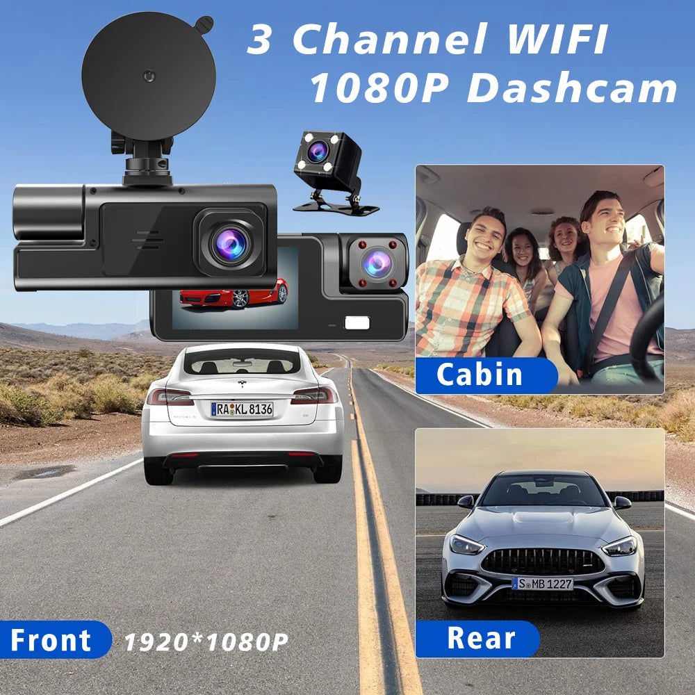 3-Way Dash Cam with Wi-Fi – Full HD Front/Inside/Rear Cameras, Night Vision, Loop Recording
