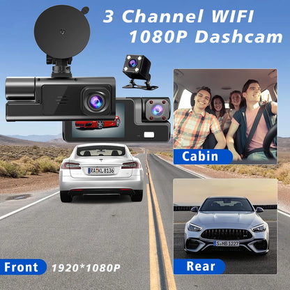3-Way Dash Cam with Wi-Fi – Full HD Front/Inside/Rear Cameras, Night Vision, Loop Recording