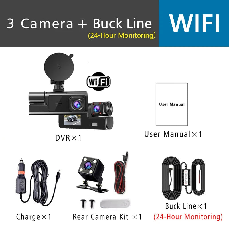 3-Way Dash Cam with Wi-Fi – Full HD Front/Inside/Rear Cameras, Night Vision, Loop Recording