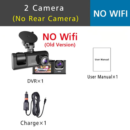 3-Way Dash Cam with Wi-Fi – Full HD Front/Inside/Rear Cameras, Night Vision, Loop Recording