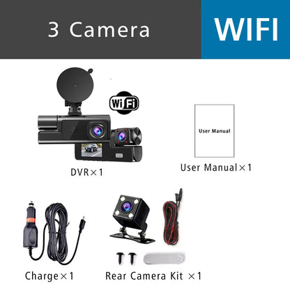3-Way Dash Cam with Wi-Fi – Full HD Front/Inside/Rear Cameras, Night Vision, Loop Recording