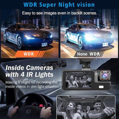 3-Way Dash Cam with Wi-Fi – Full HD Front/Inside/Rear Cameras, Night Vision, Loop Recording
